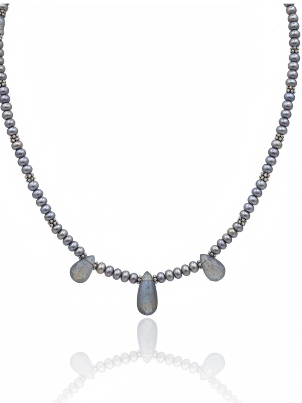 925 Sterling Silver Grey Pearl & Labradorite Teardrop Necklace 17.25" 17g